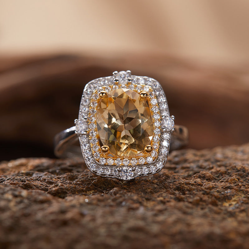S925 Sterling Silver 18K Gold Natural Gemstone Ring Light Luxury Index Finger Ring Energy Jewelry Women