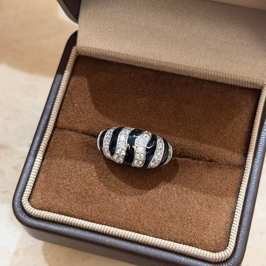 S925 sterling silver, black enamel zebra ring, high-end sparkling design, medieval Italian classic