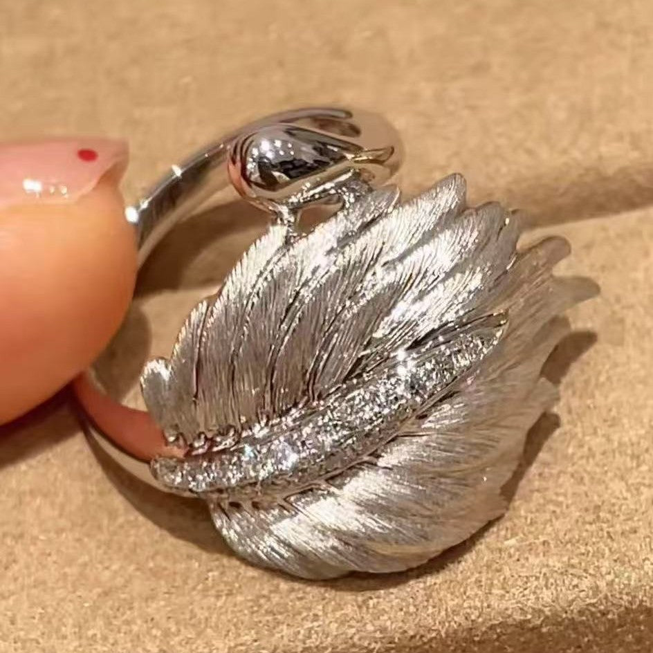 Retro brushed craft feather ring S925 sterling silver brushed craft forged surface light luxury high-end niche design