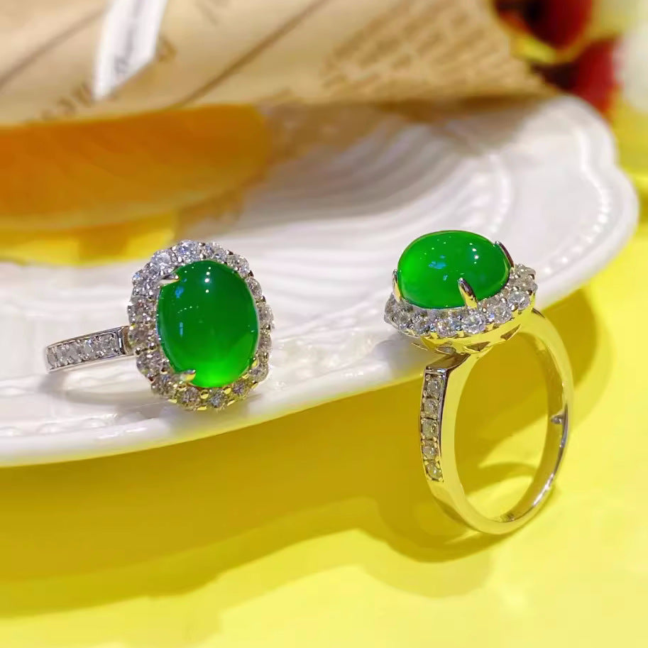 Natural chalcedony ring female yang green egg surface plated with 925 sterling silver ring green agate comparable to jadeite adjustable jewelry