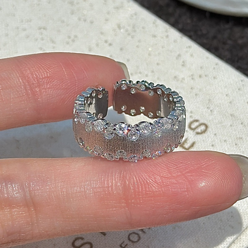S925 sterling silver micro-inlaid zircon ring niche design simple and fashionable medieval vintage geometric opening ring