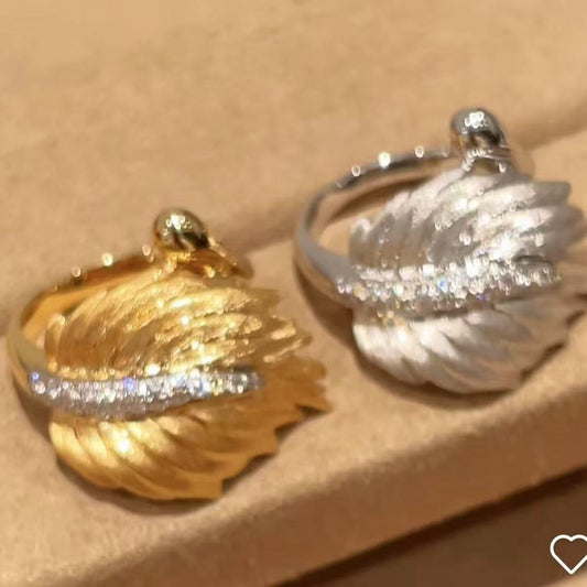 Retro brushed craft feather ring S925 sterling silver brushed craft forged surface light luxury high-end niche design