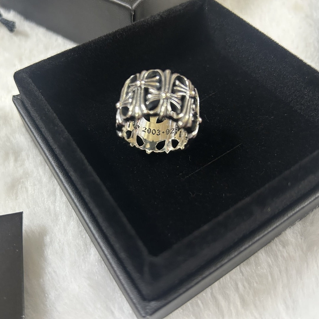 s925 silver ring, croco core, ancient tomb hollow ring, men's and women's trend retro and old ring