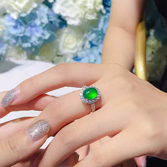 Natural chalcedony ring female yang green egg surface plated with 925 sterling silver ring green agate comparable to jadeite adjustable jewelry