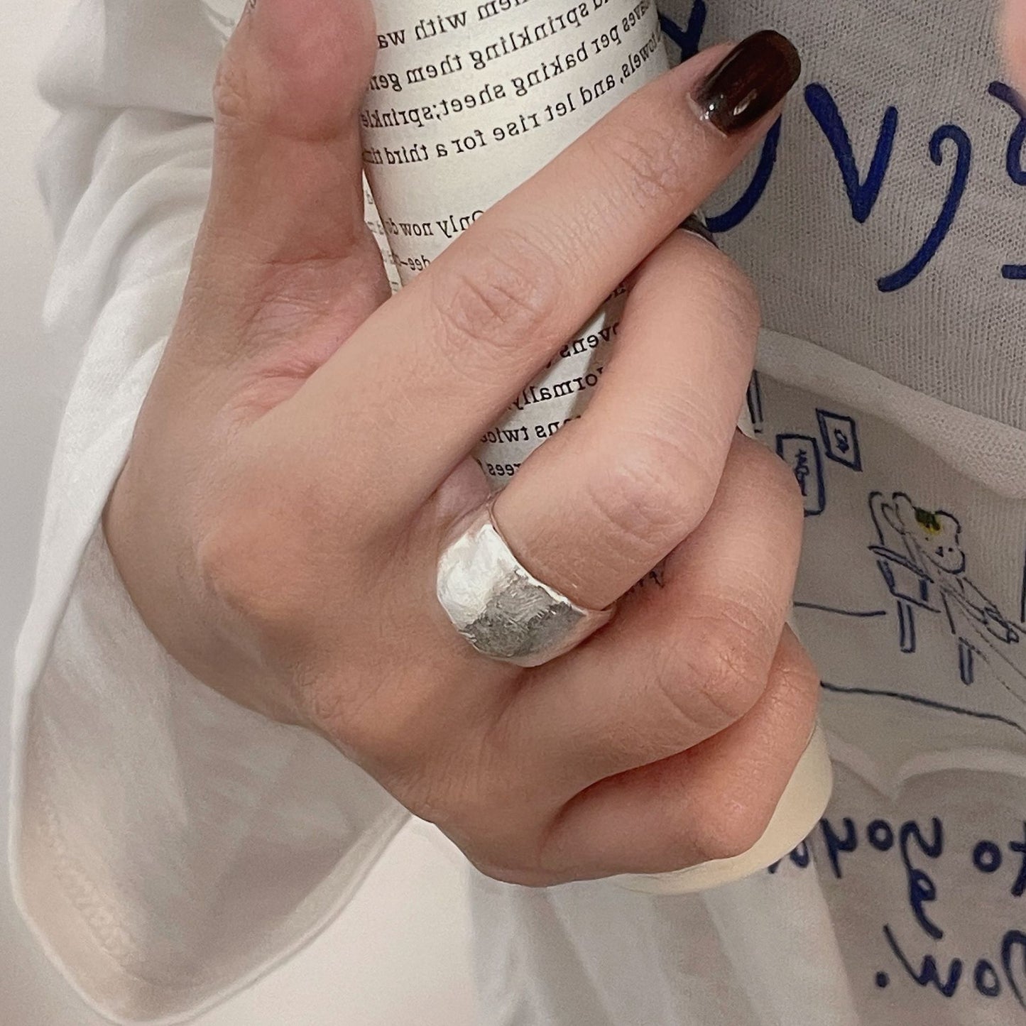 S925 sterling silver Korean version of matte texture curved ring for women's texture heavy industry Korean blogger ring tide jewelry