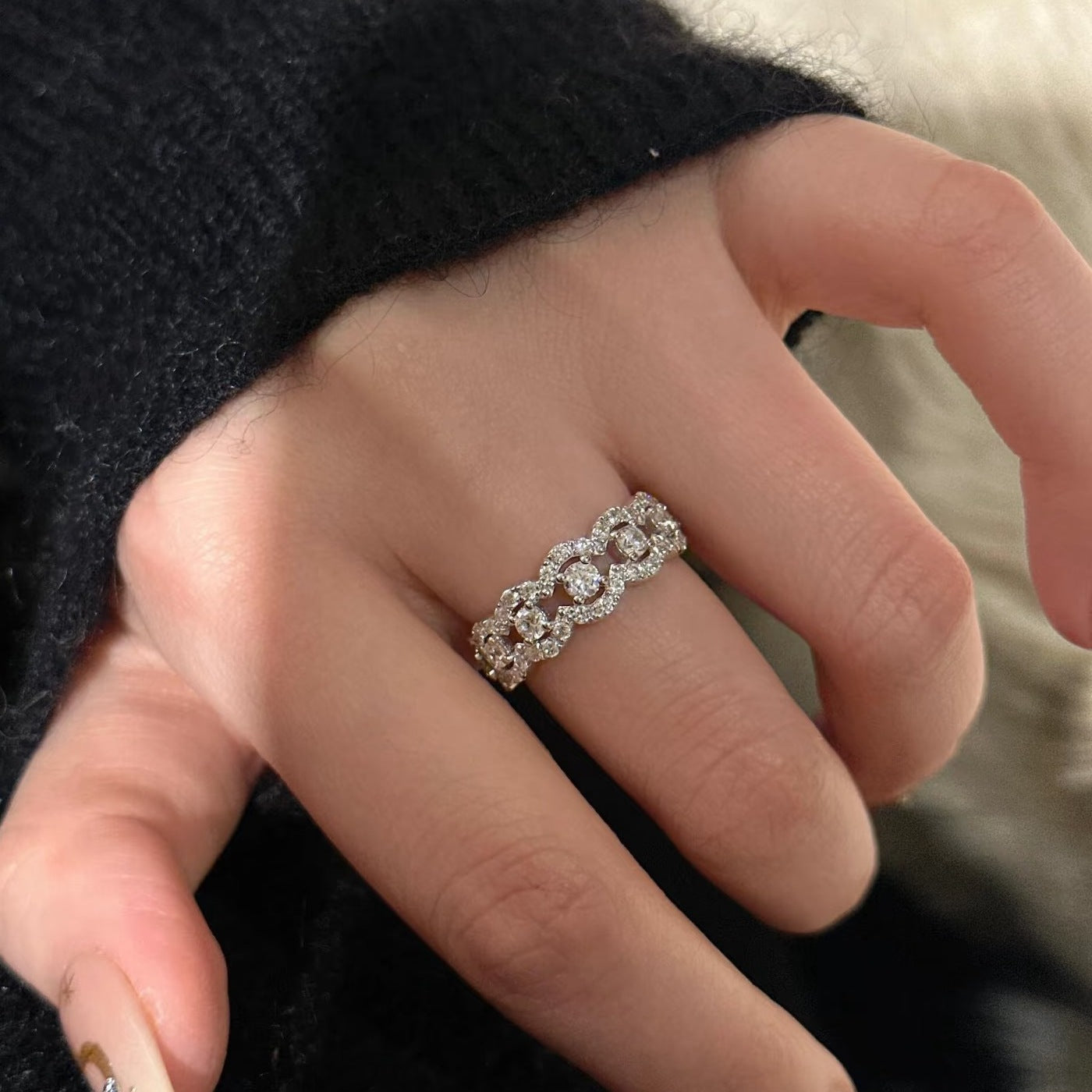 Moissanite sterling silver hollow lace row ring women's simple niche jewelry stacked ring fashion senior wholesale