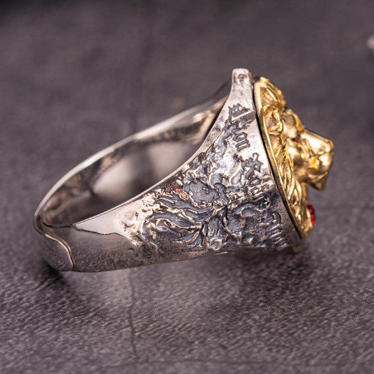 Single tail ring opening adjustable lettering seven worlds roaring lion silver trendy men's ring index finger ring tail ring silver inlaid copper