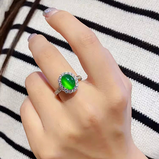 Natural chalcedony ring female yang green egg surface plated with 925 sterling silver ring green agate comparable to jadeite adjustable jewelry