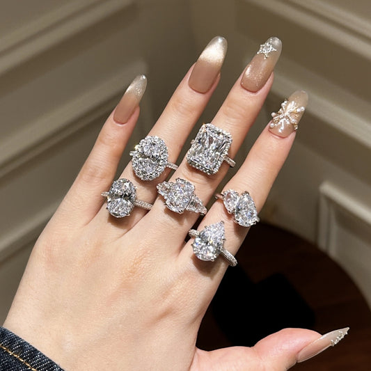 S925 Sterling Silver 8A High Carbon Diamond Rectangular Triangular Denier Cut Luxury Group Ring