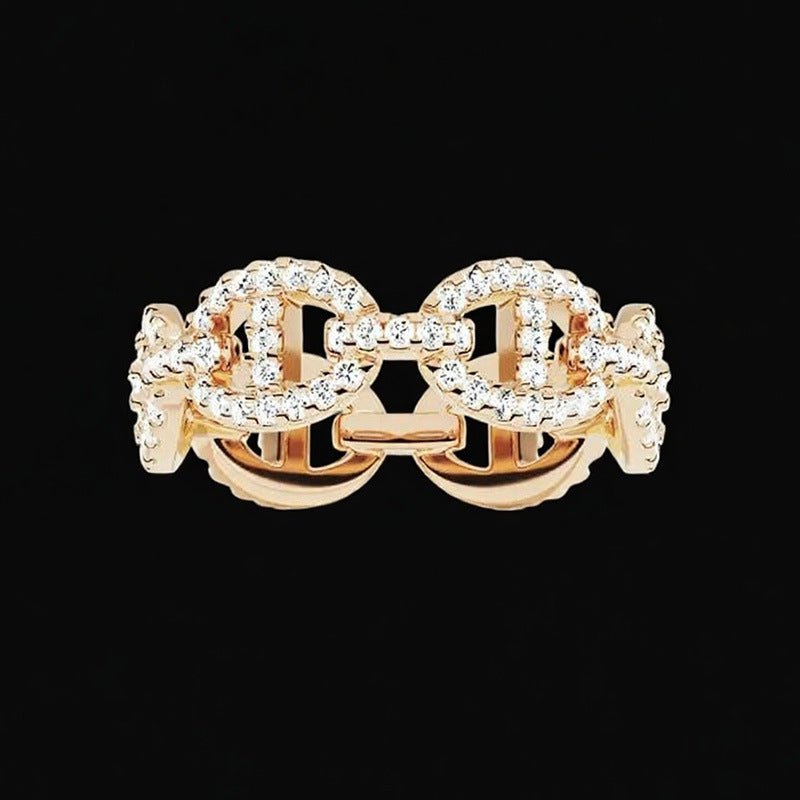 Light luxury pig nose shape ring female personality temperament chain buckle densely inlaid with diamond index finger ring female