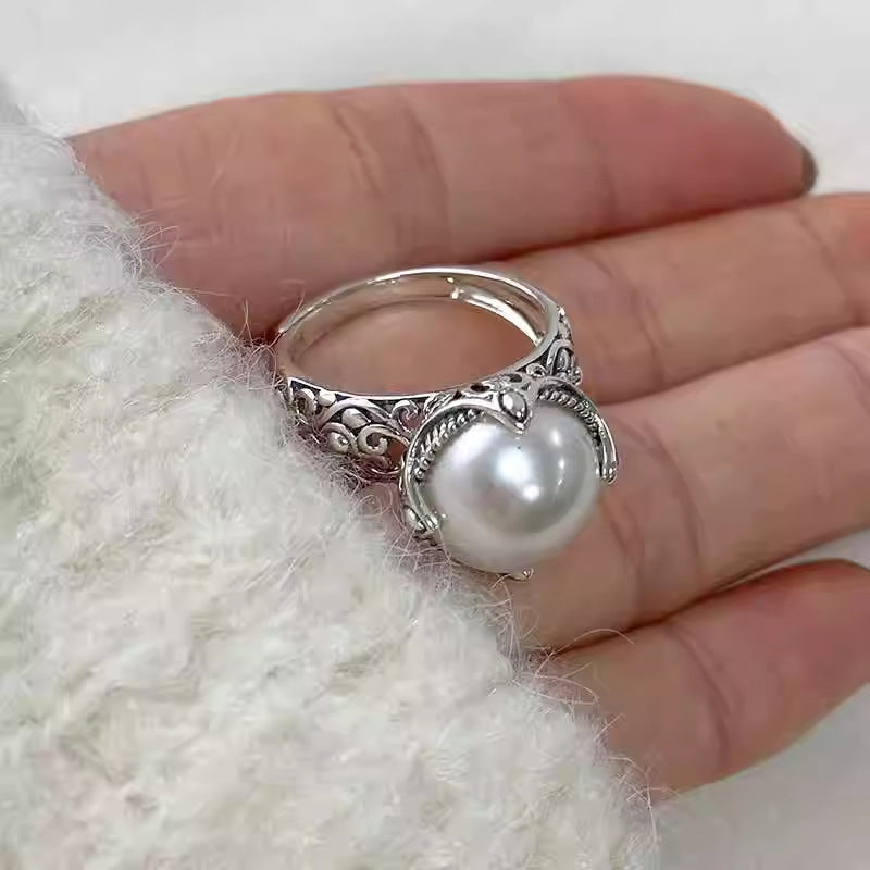 S925 silver engraved hollow pearl ring women's fashion retro old temperament cold wind ring