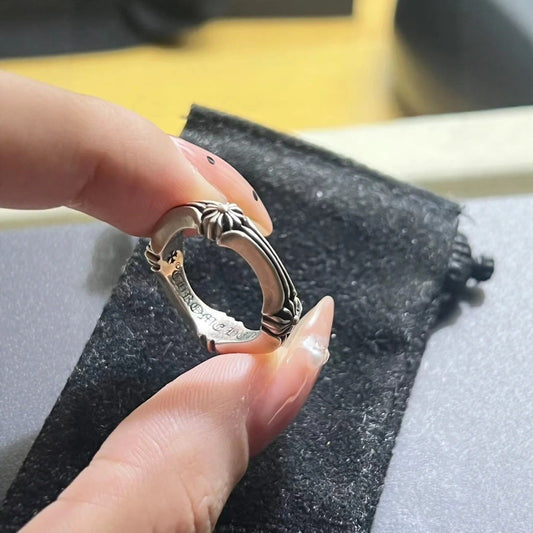 CH Classic Gram Heart Cross Open Ring S925 Sterling Silver Male and Female Couples Retro Fashion Thick Ring