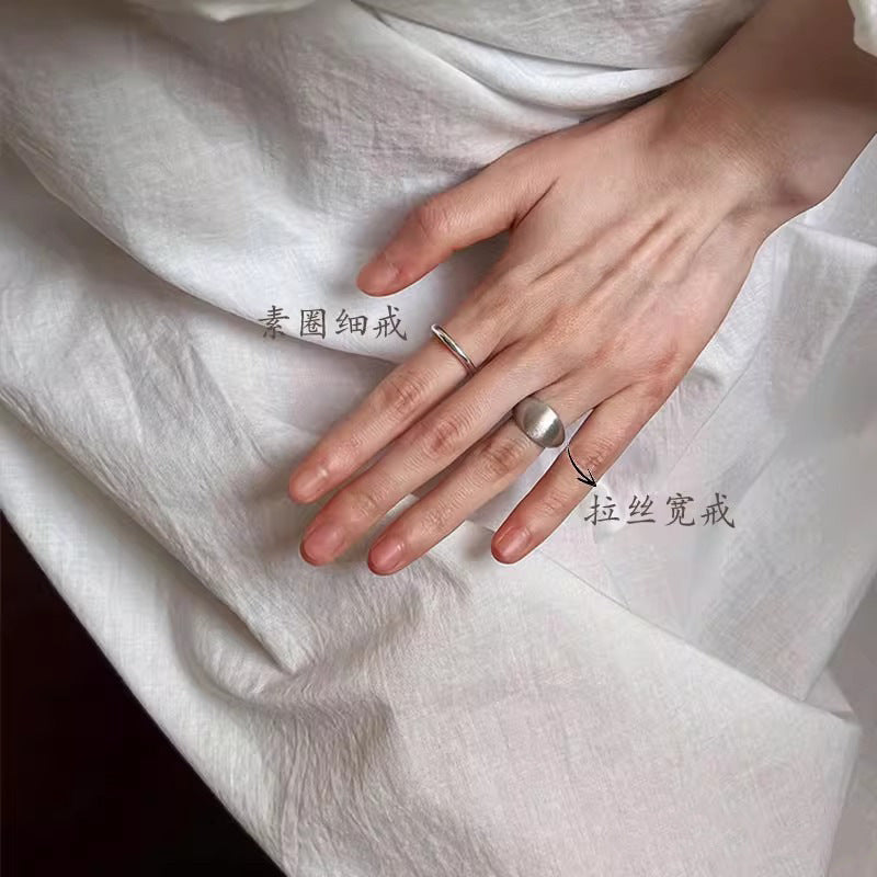 S925 Sterling Silver Brushed Matte Plain Ring Women's Niche Design Stacked Index Finger Ring Cold Wind Premium Ring