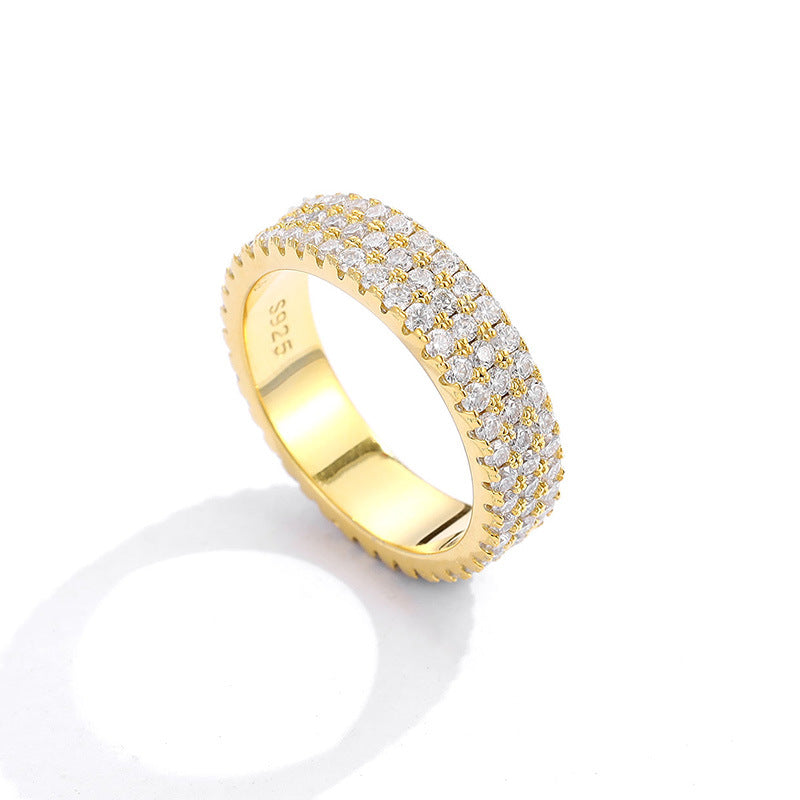Mozambican diamond ring women's niche 925 silver two-row three-row ring full of diamonds, high-end ins style light luxury couple ring