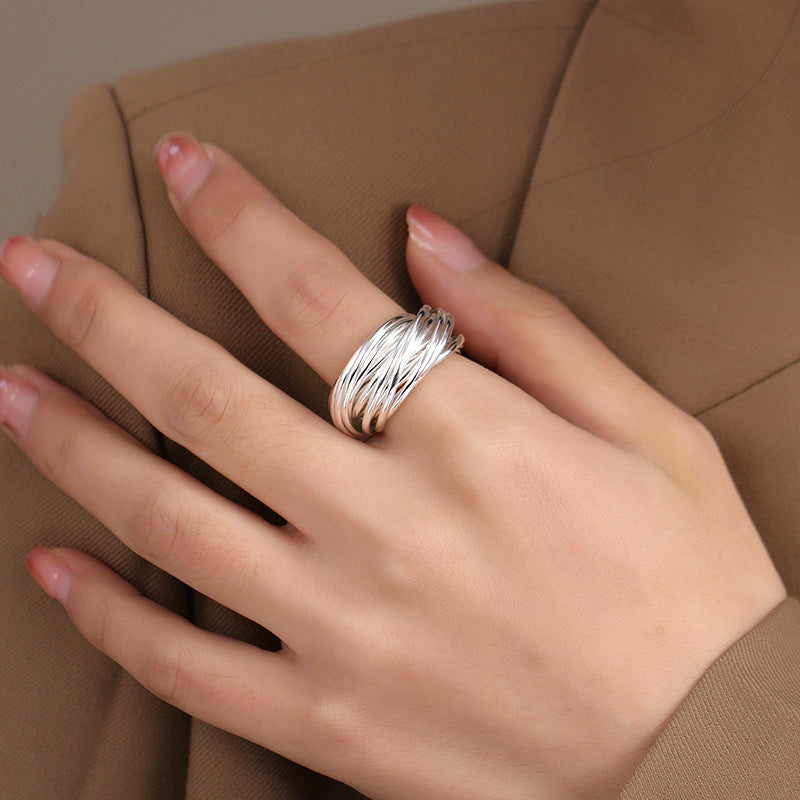 925 silver fashion 21 ring plain ring silver silk ring women's ins style light luxury high-end niche ring new product
