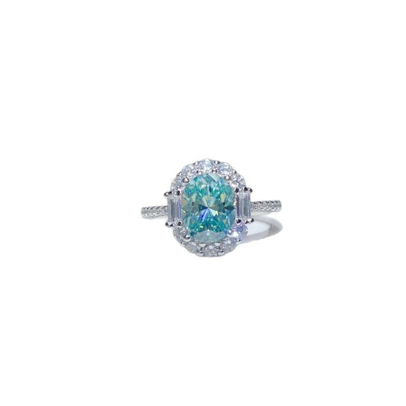 Paraiba green moissanite ring female Princess Diana S925 silver design sense European and American fashion temperament color Mozambican
