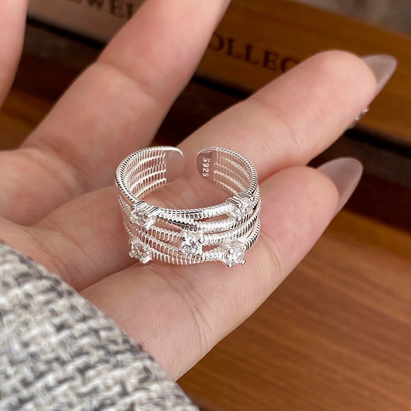 S925 sterling silver multi-layer surrounding zircon cross ring exquisite niche personality ring light luxury fashion versatile jewelry