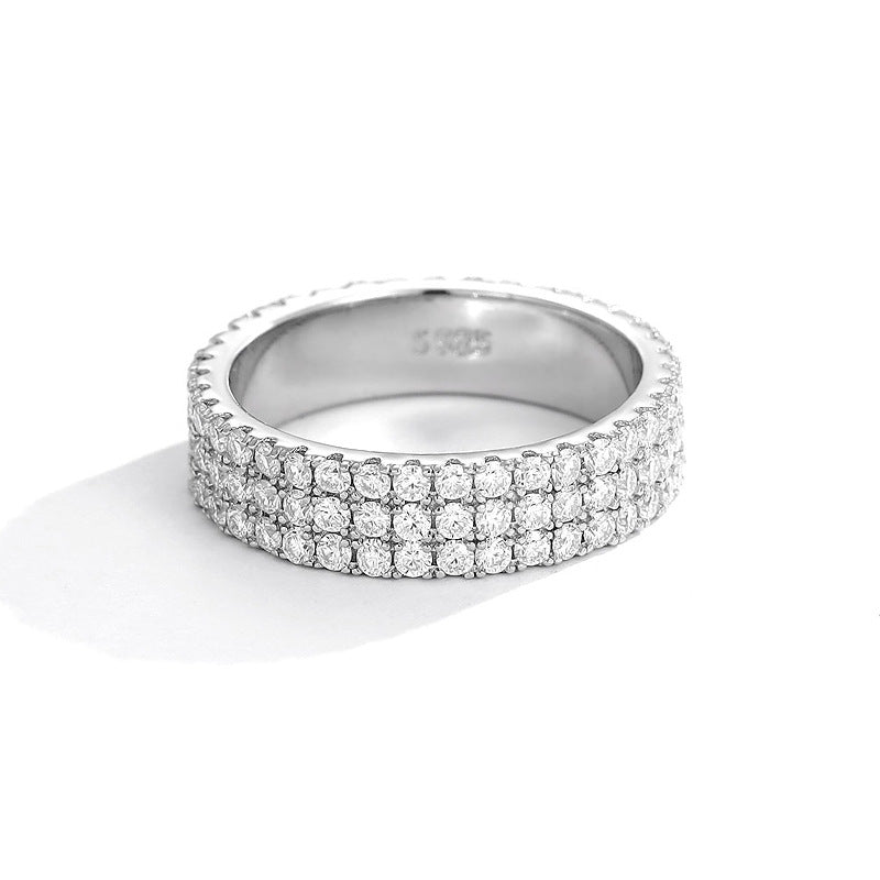 Mozambican diamond ring women's niche 925 silver two-row three-row ring full of diamonds, high-end ins style light luxury couple ring