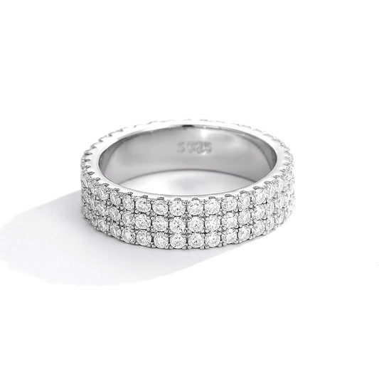 Mozambican diamond ring women's niche 925 silver two-row three-row ring full of diamonds, high-end ins style light luxury couple ring