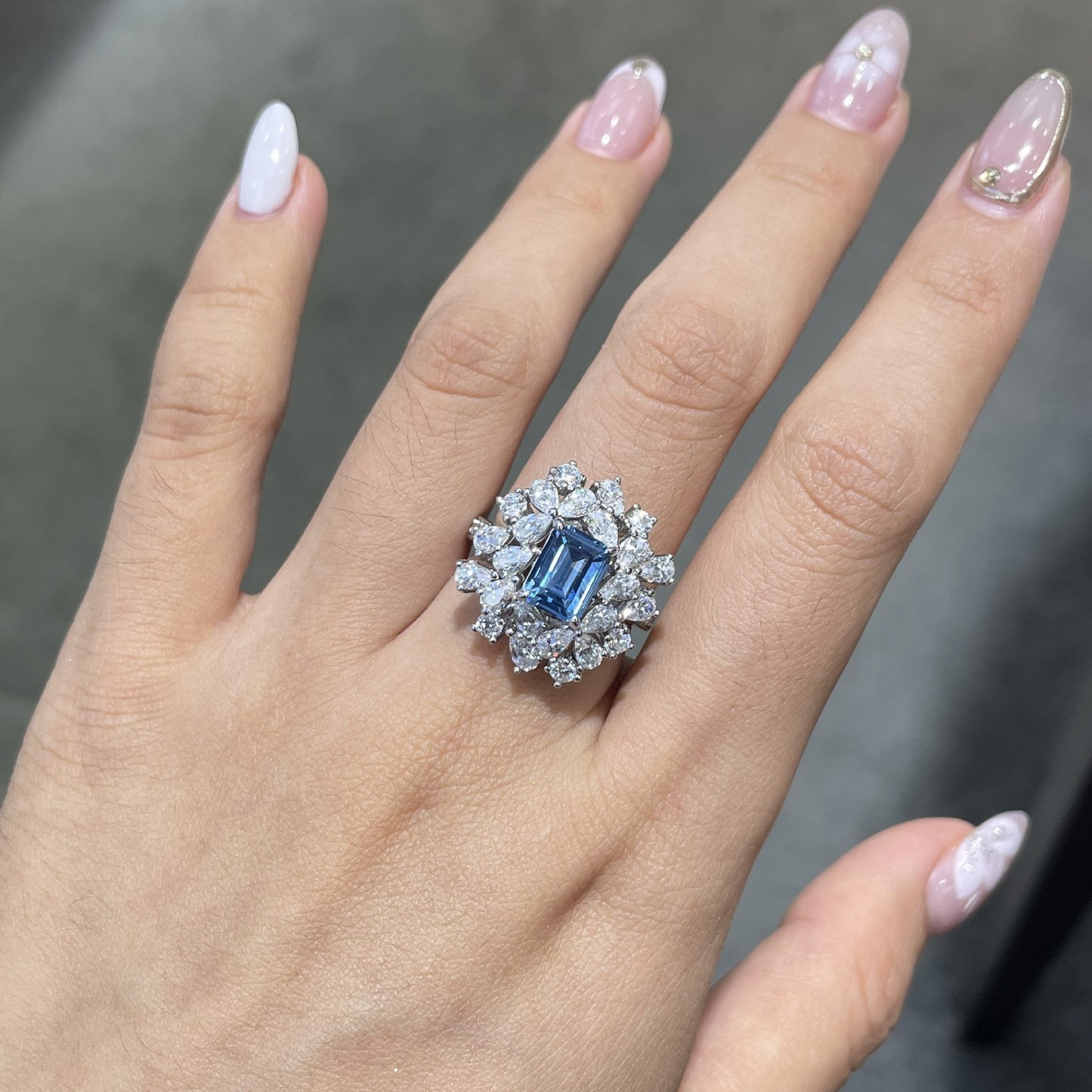 S925 sterling silver cultivated sky blue spinel ring fashion niche rectangular 6 * 8mm