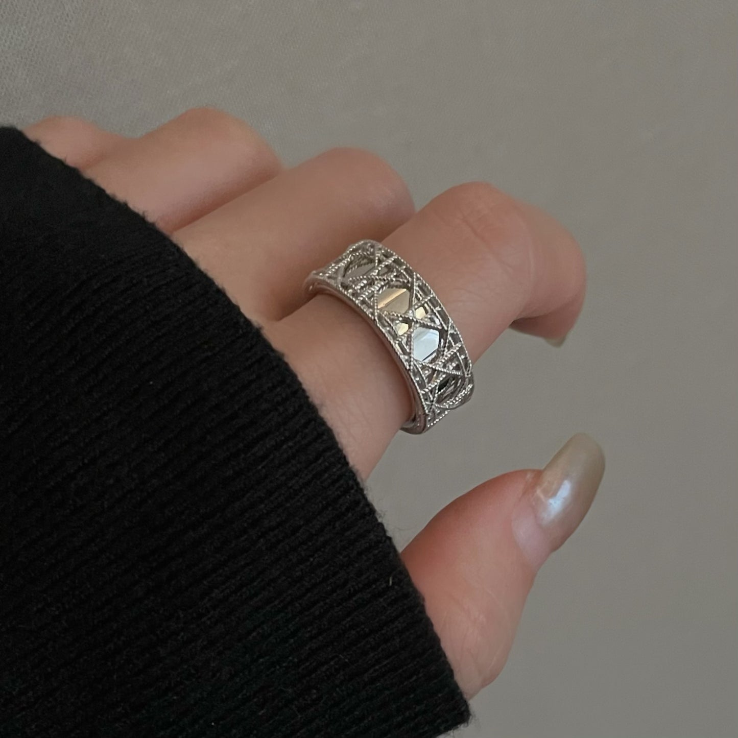 S925 sterling silver rattan plaid woven opening ring women's retro fashion light luxury temperament advanced sense heavy industry niche