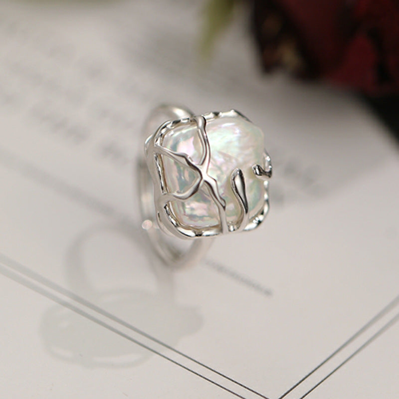 Niche Design Light Luxury S925 Sterling Silver Ring Female Baroque Pearl Square Open Ring Jewelry