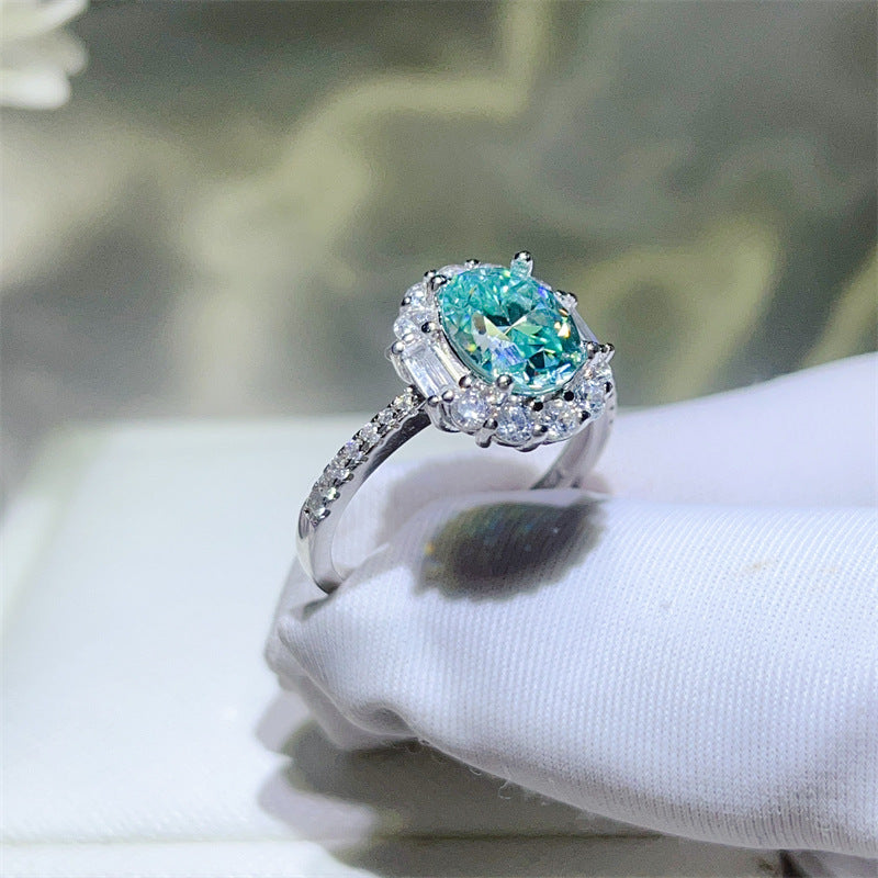 Paraiba green moissanite ring female Princess Diana S925 silver design sense European and American fashion temperament color Mozambican