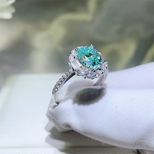 Paraiba green moissanite ring female Princess Diana S925 silver design sense European and American fashion temperament color Mozambican