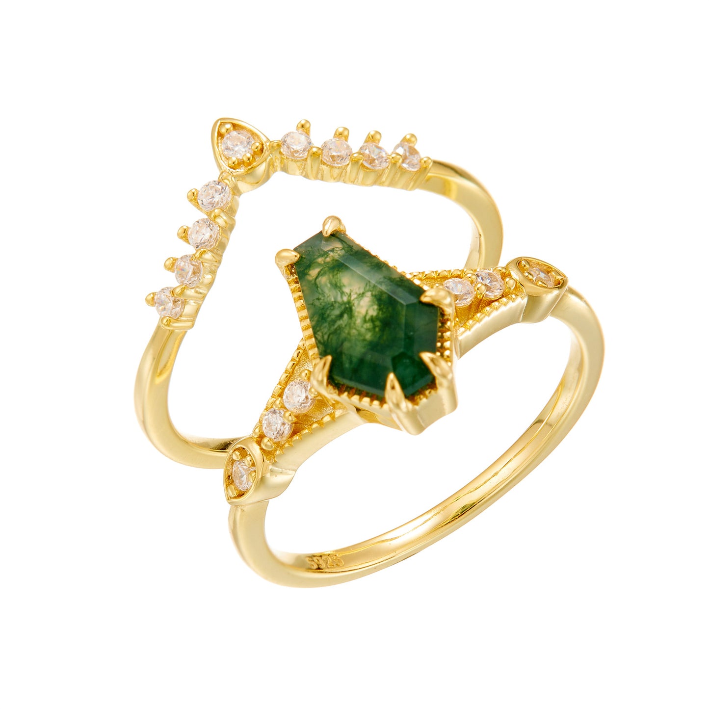 Natural green mossy stone stacked ring women's S925 silver niche high sense