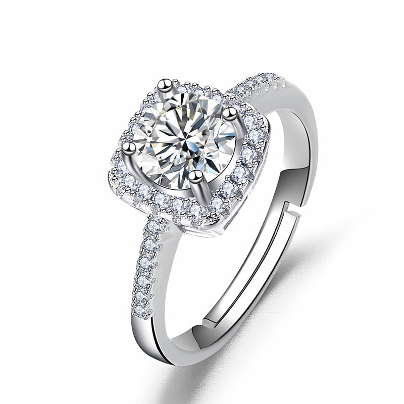 Imitation S925 silver square bag ring, high-end moissanite diamond ring, light luxury