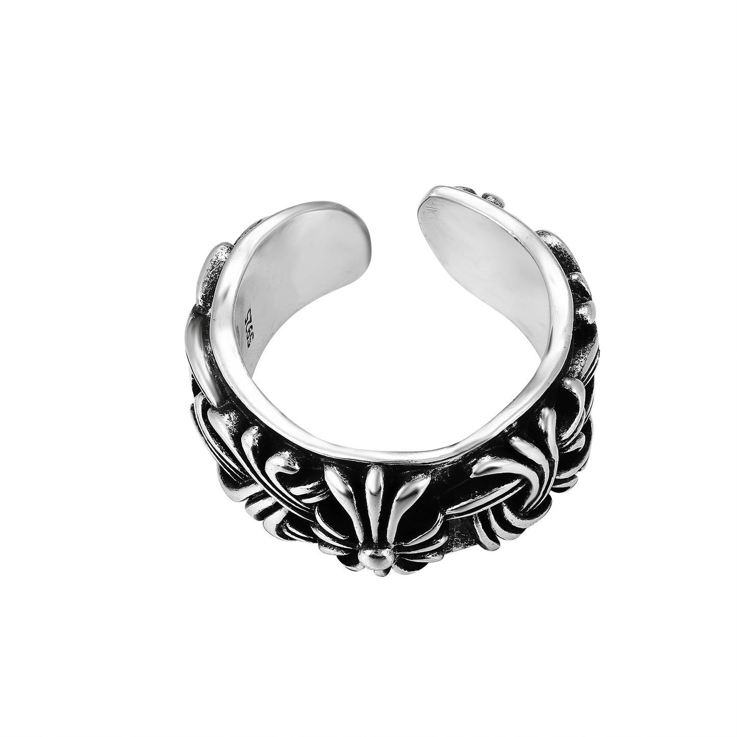 CH Classic Gram Heart Cross Open Ring S925 Sterling Silver Male and Female Couples Retro Fashion Thick Ring