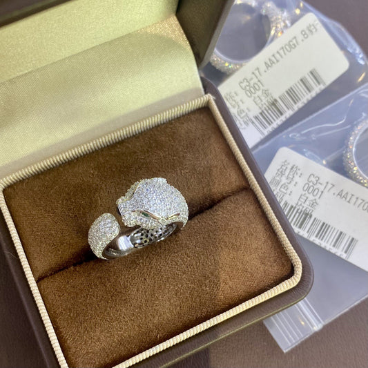 S925 sterling silver full diamond leopard head ring women's light luxury high-end sense opening design fashionable personality trendy