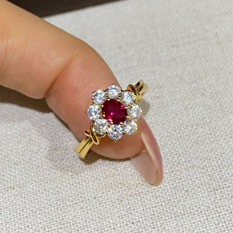 Retro ruby circumference diamond ring women's light luxury 925 silver-plated pigeon blood red simulation diamond ring high-end jewelry