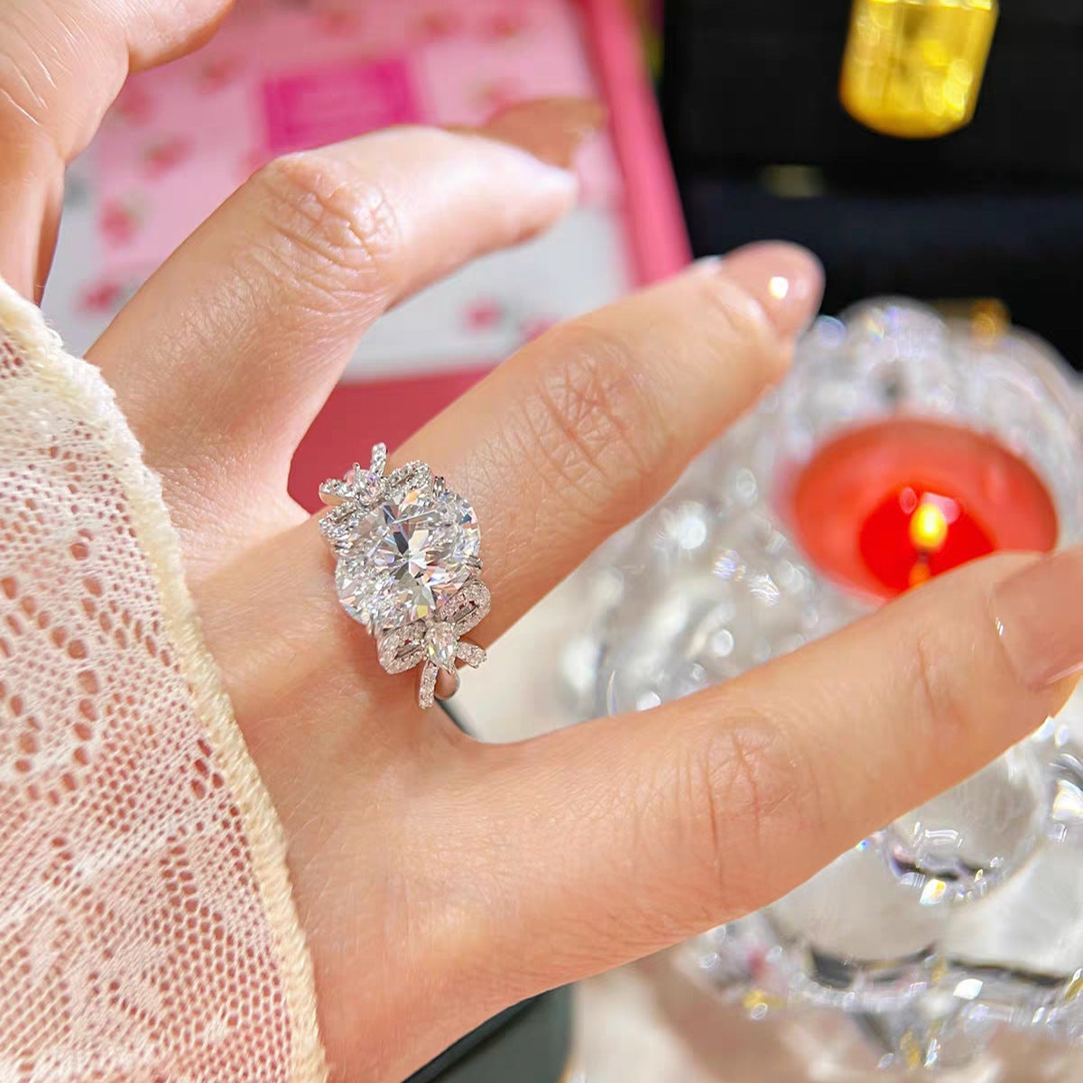 S925 Sterling Silver Bow Oval Dove Egg Five Carat Moissanite Ring Women's Explosive Light Luxury Luxury