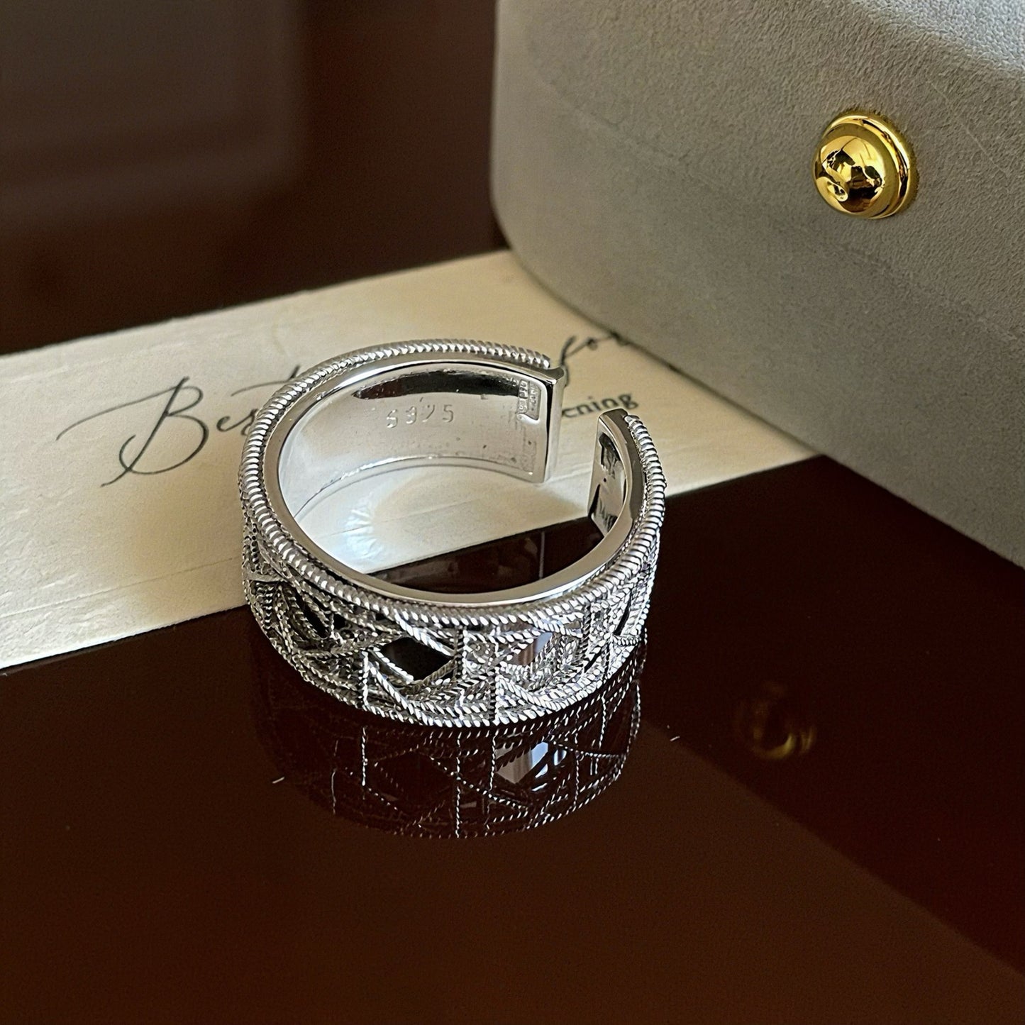 S925 sterling silver rattan plaid woven opening ring women's retro fashion light luxury temperament advanced sense heavy industry niche