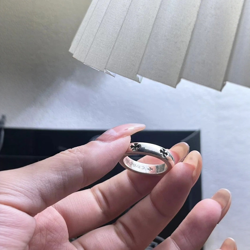 CH Classic Gram Heart Cross Open Ring S925 Sterling Silver Male and Female Couples Retro Fashion Thick Ring