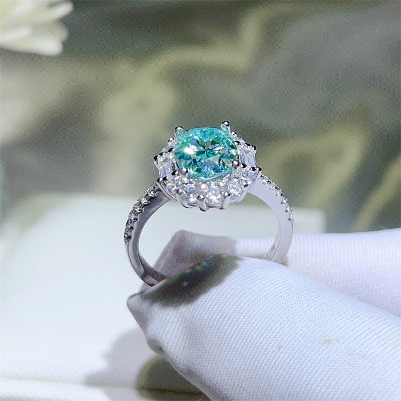 Paraiba green moissanite ring female Princess Diana S925 silver design sense European and American fashion temperament color Mozambican