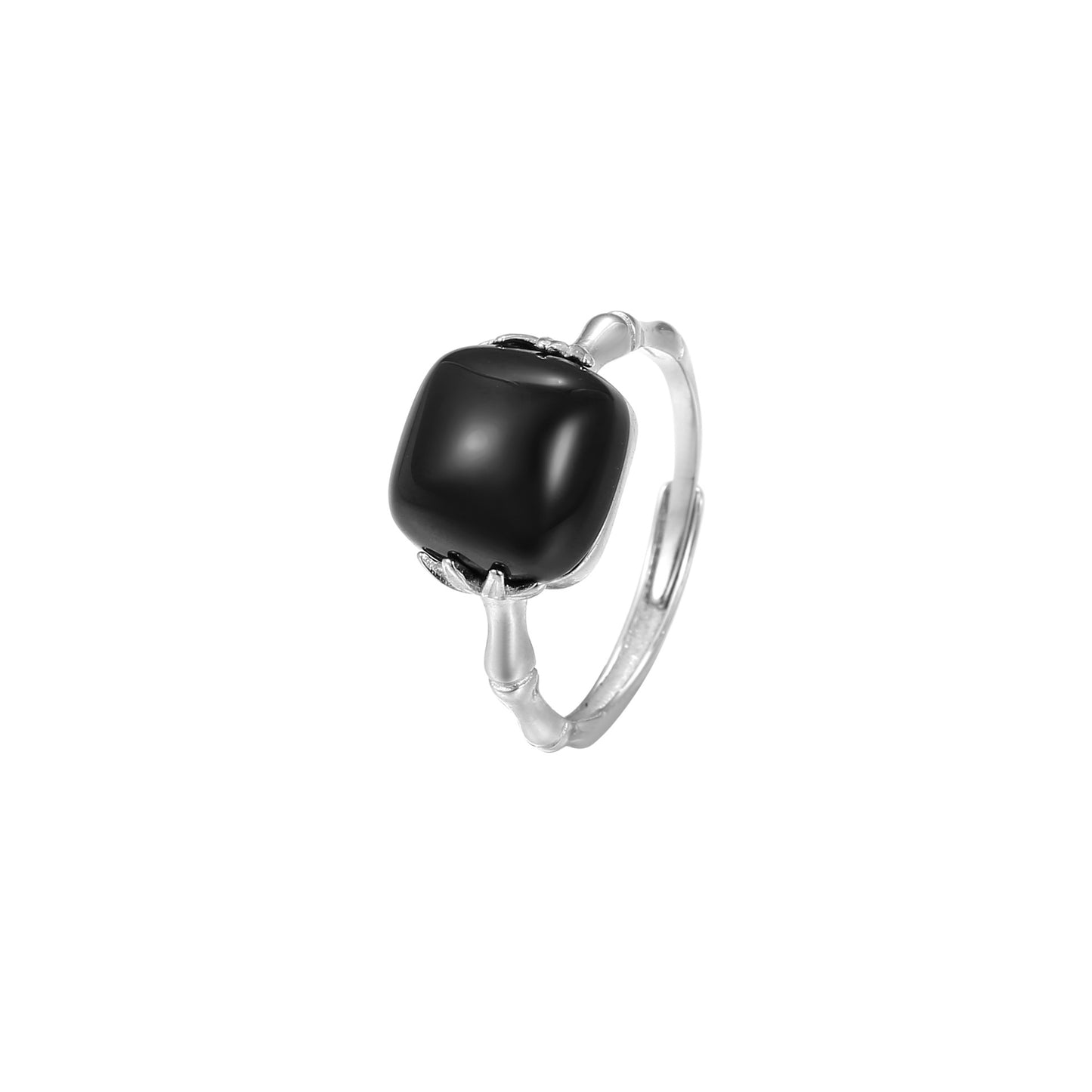 S925 silver agate premium bamboo ins black ring retro index finger to wealth square old ring jewelry