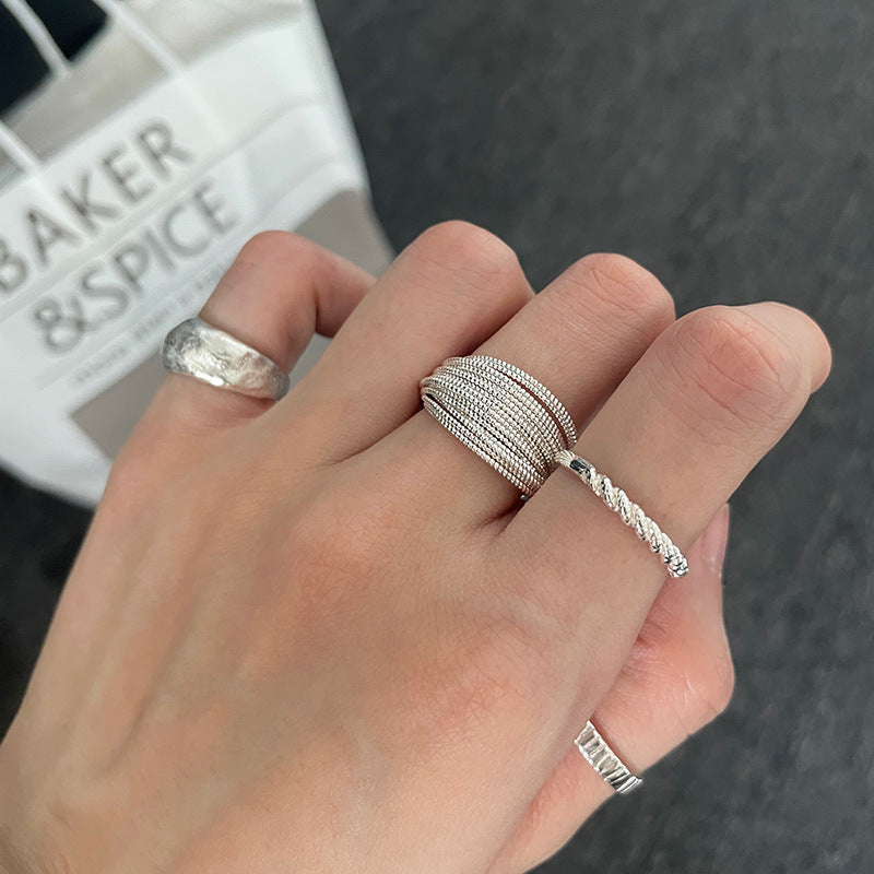 Whole body s925 sterling silver hammer pattern handmade collection niche design high sense ins style versatile fashion men's and women's rings