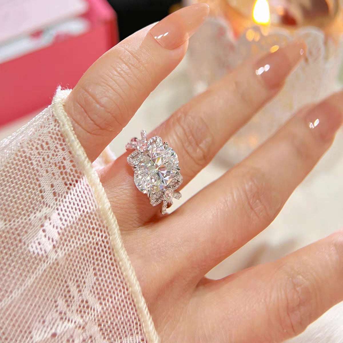 S925 Sterling Silver Bow Oval Dove Egg Five Carat Moissanite Ring Women's Explosive Light Luxury Luxury
