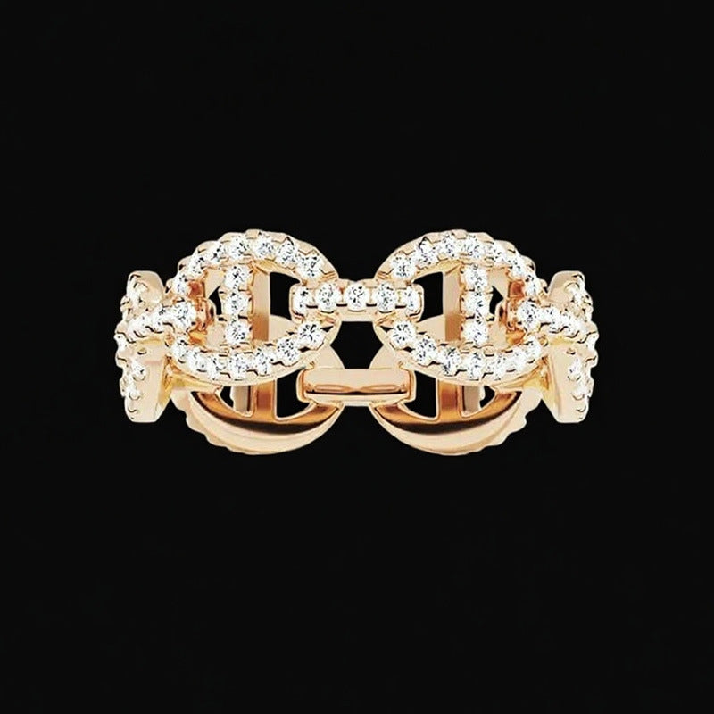 Light luxury pig nose shape ring female personality temperament chain buckle densely inlaid with diamond index finger ring female