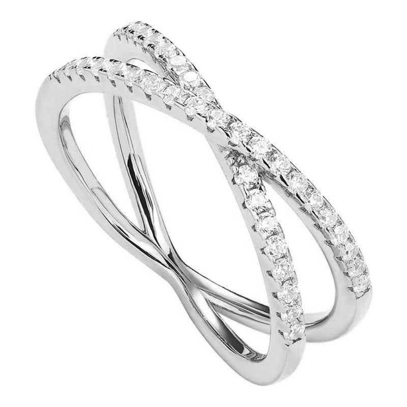 14K Gold Plated X Ring Cross S925 Sterling Silver Ring with Diamonds Simple Half Ring