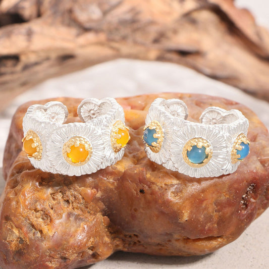 1928 blue and yellow agate daisy ring for women's high sense S925 sterling silver ins niche two-color silver ring