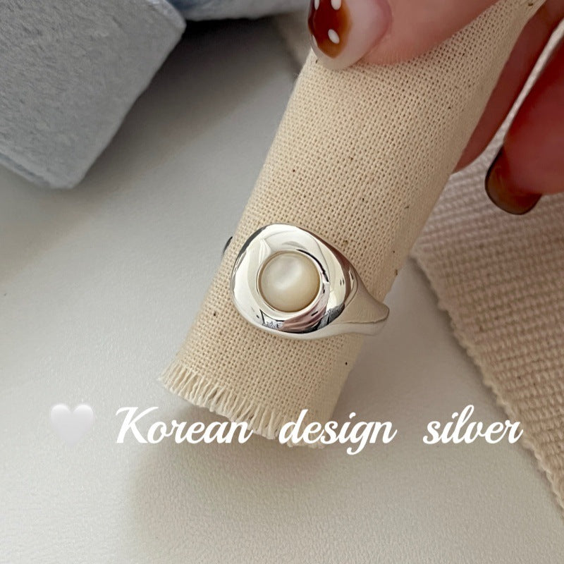 Korean niche design silver jewelry S925 sterling silver temperament white fritillary open ring high-end stacking