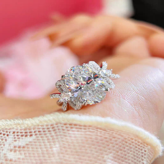 S925 Sterling Silver Bow Oval Dove Egg Five Carat Moissanite Ring Women's Explosive Light Luxury Luxury