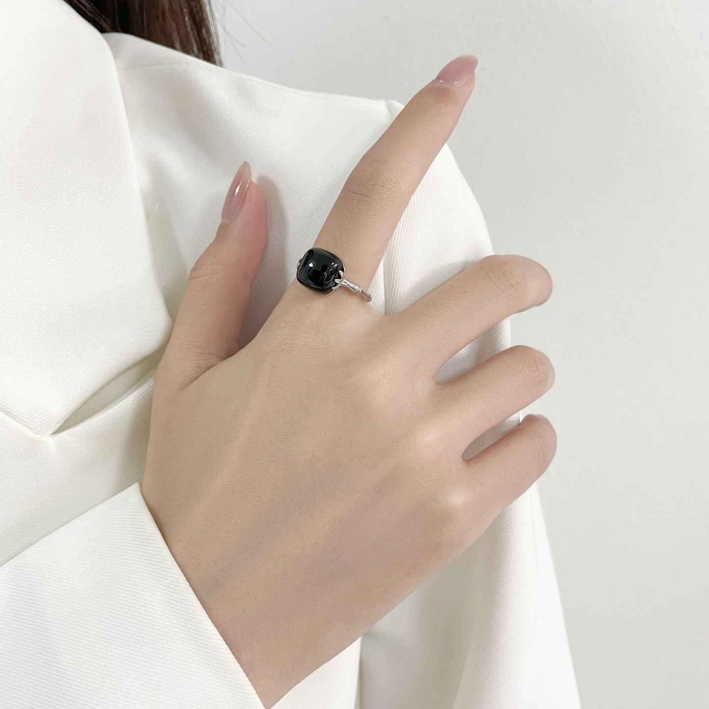 S925 silver agate premium bamboo ins black ring retro index finger to wealth square old ring jewelry