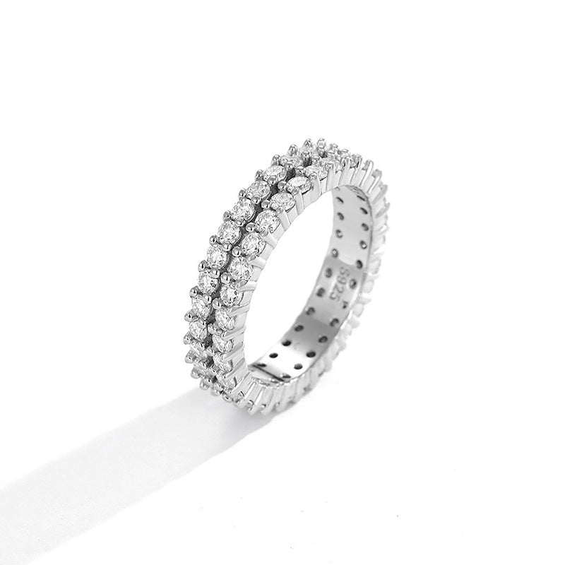 Mozambican diamond ring women's niche 925 silver two-row three-row ring full of diamonds, high-end ins style light luxury couple ring