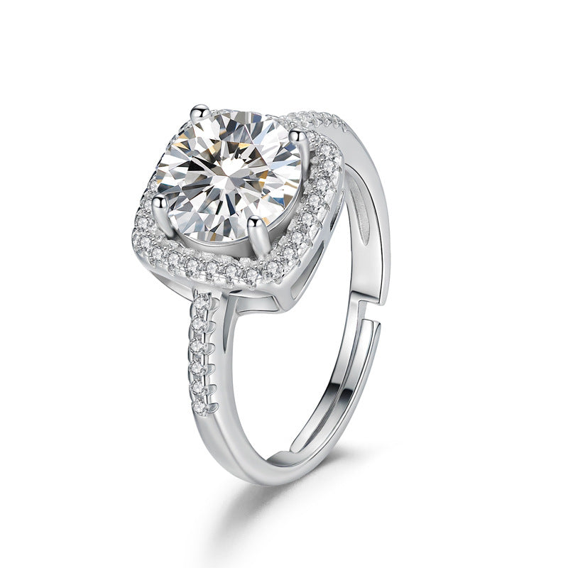 Imitation S925 silver square bag ring, high-end moissanite diamond ring, light luxury