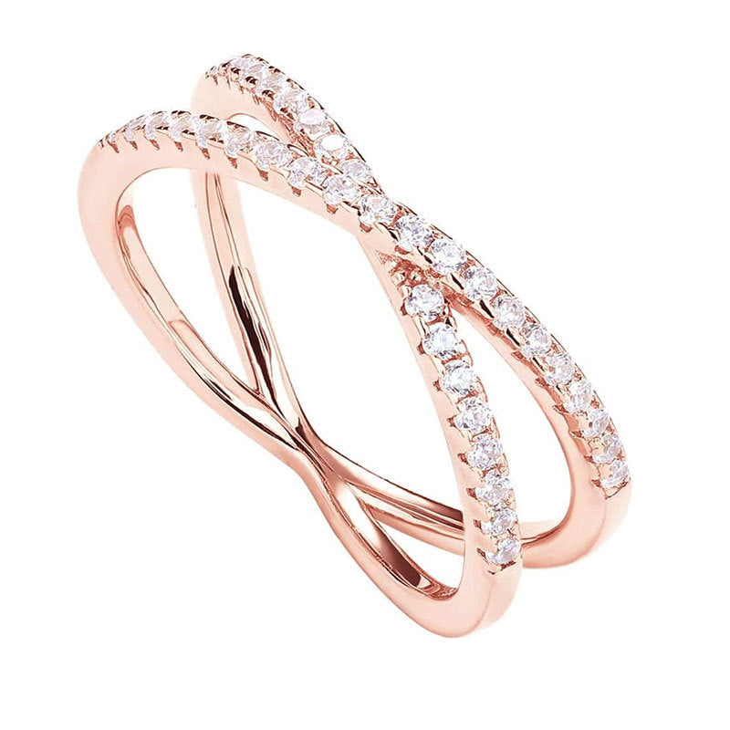 14K Gold Plated X Ring Cross S925 Sterling Silver Ring with Diamonds Simple Half Ring