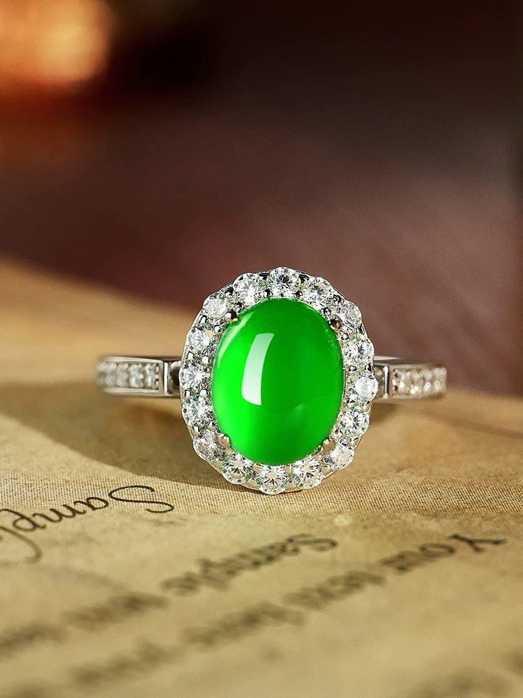 Natural chalcedony ring female yang green egg surface plated with 925 sterling silver ring green agate comparable to jadeite adjustable jewelry